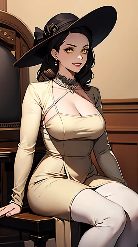 1girl,alcina dimitrescu,yellow eyes,masterpiece,sitting,whiite gowm,hat,smile