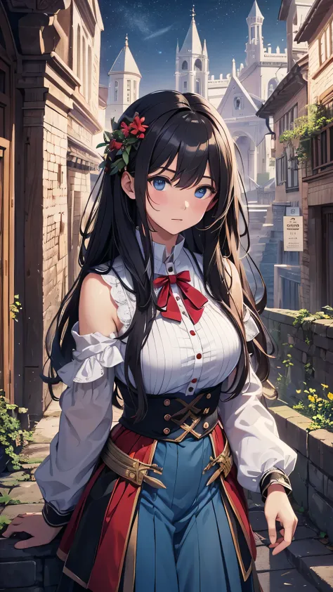 最high quality、best image quality、masterpiece、teenage girl((18-year-old、 By becoming、vest bust、medium bust,wide open breast tea、black eye, black hair、long hair、thin,highest valley、toned chest、Blue Sister Costume)),high quality、beautiful art、background((top ...