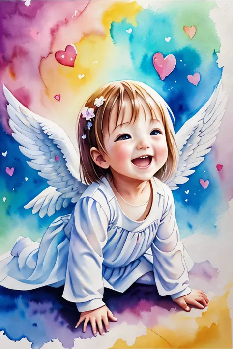 blessings of angels､bright background、heart mark、kindness､laughter、kind､baby angel、watercolor painting