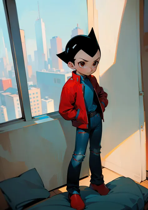 ((best quality)), ((masterpiece)), (detailed), solo, 1boy, perfect face, full body image of astro boy, in his room, looking out ...