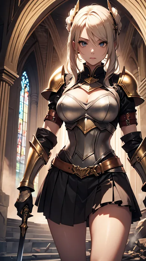 最high quality、best image quality、masterpiece、teenage girl((18-year-old、 By becoming、vest bust、medium bust,wide open breast tea、black eye, blonde、ponytail、thin,highest valley、toned chest、gold armour、silver armor short skirt、Holding a sword in his right hand...