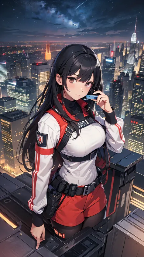 最high quality、best image quality、masterpiece、teenage girl((18-year-old、 By becoming、vest bust、medium bust,wide open breast tea、black eye, black hair、long hair、thin,highest valley、toned chest、white pilot suit、knee high boots、red jacket、Have a smartphone、Sel...