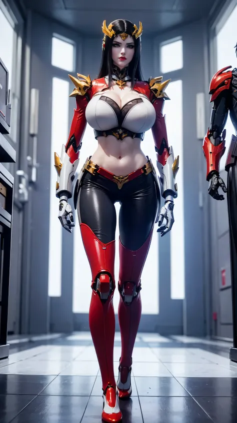 A beauty girl with black hair, (HYPER-REALISTIC:1.5), (PHOENIX GOLD HELM:1.1), (MUSCULAR BODY SHAPE,HUGE FAKE BREAST:1.5), (CLEAVAGE:1.5), (MUSCLE ABS:1.3), (MECHA GUARD ARMS:1.1), ((RED SHINY FUTURISTIC MECHA CROP TOP, BLACK MECHA SKINTIGHT LEGGINGS, WHIT...