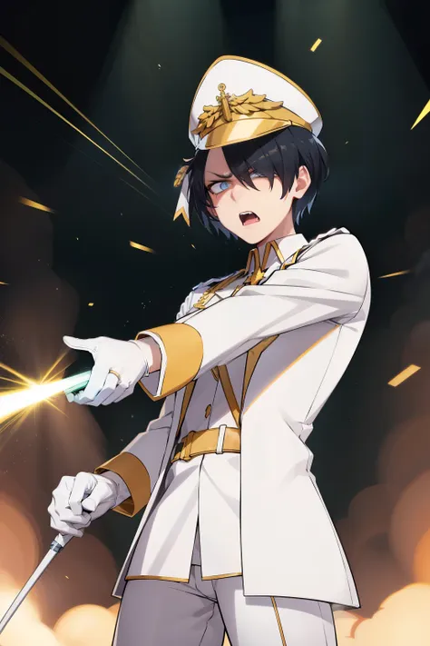 htarchangel, hair over one eye, military hat, military uniform, cross, flower, white gloves, white pants, stretching out his han...