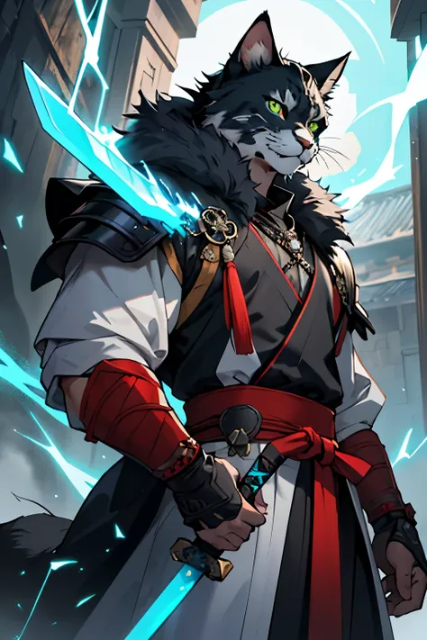 Create a captivating image of an ancient Samurai-Cat, hailing from another dimension, through an AI image generator. Design the feline warrior with a striking appearance featuring a dark gray fur coat, conveying strength and resilience. Emphasize the regal...