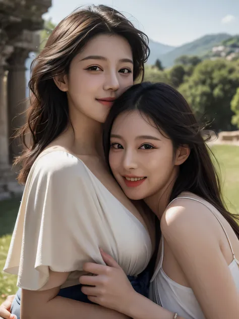 Ancient Roman scenery in the style of Nicolas Poussin,A smile,,Sweet and seductive appearance.、Caravaggios paintings、Chiaroscuro of Caravaggio、Hair disheveled in the wind,Two women frolicking,Cute smile, Expression of ecstasy,A sexy,erotic