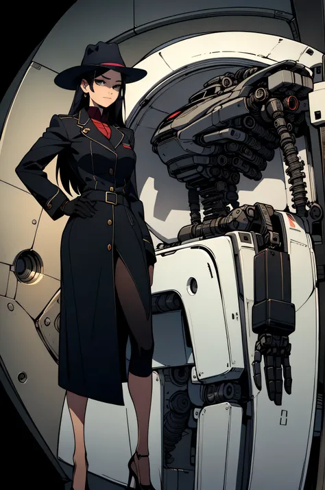 high quality, 4k, masterpiece, beautiful, film noir, detective girl,costume,tie , green eyes,long detective coat, fedora hat, long black hair, girl, , one robotic arm, intricate detail, joint, detailed lines, robotic detail, 1fist on hip, robotic parts, ro...