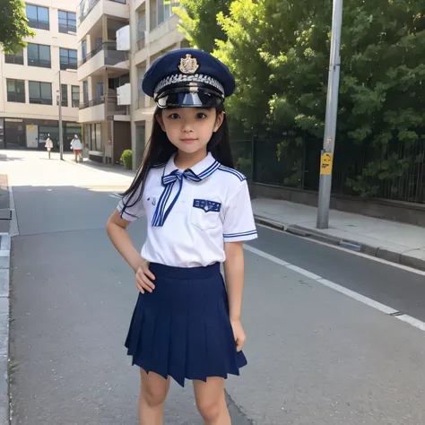 realistic pictures、highest quality、ultra high resolution、Professional specifications、 ((((A super loli girl standing on the sidewalk with her hands on her hips))))、road sidewalk、Japanese school blue sailor suit、very short skirt、((Police Officer Cap))、((loo...