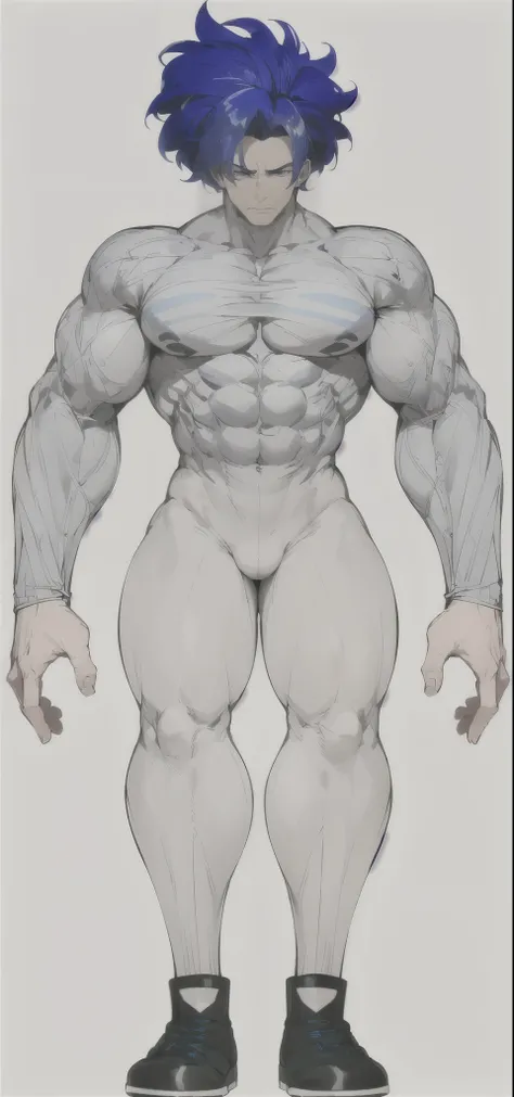 ((best quality, masterpiece, highres)),1man, very muscular, very defined mucles, blue hair, blue eyes, pretty tall, wearing a tight gray shirt and a tight white pants, black and white boots, serious facial expressions, thick muscular neck