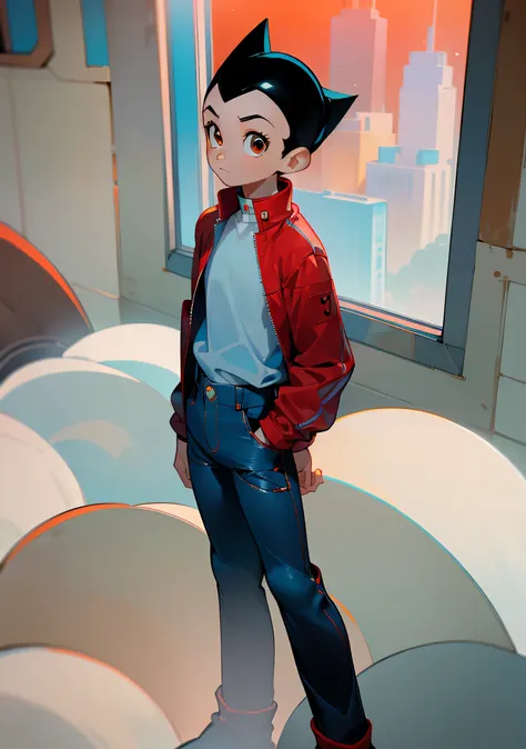 ((best quality)), ((masterpiece)), (detailed), solo, 1boy, perfect face, full body image of astro boy, looking out the window at...