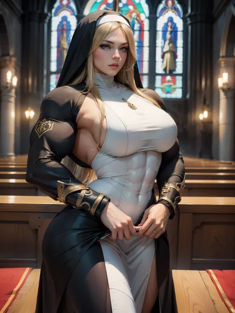 1 girl,solo, muscular, long hair, dirty blonde, hypermuscle, bodybuilder, (masterpiece, incredible detail, best quality, ultra high skin detail:1.1), photorealistic, abs, looking at viewer, nun clothes, in a church