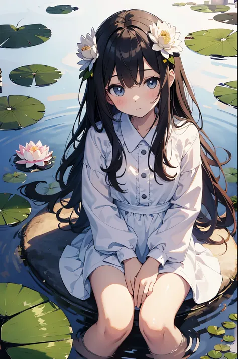 There is a girl sitting on a leaf, (white clothes), fresh color scheme, there is a plush toy, Guvez style artwork, popular on cgstation, illustrated by Li Song, soft anime, lying on a water lily mat, sitting on a lotus flower, cute and meticulous digital a...