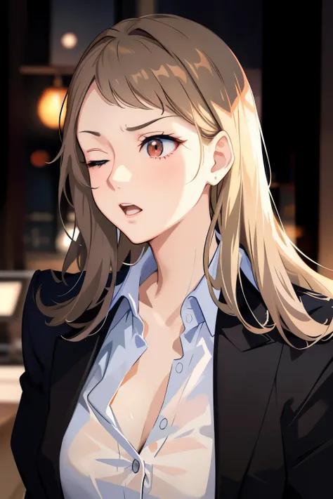 anime - style image of a woman in a business suit with a blue shirt, painted in anime painter studio, digital anime illustration, seductive anime girl, detailed digital anime art, marin kitagawa fanart, smooth anime cg art, attractive anime girl, anya from...