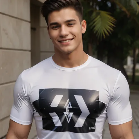 A 25-year-old handsome male high university student，Wear a shirt made of bright PVC, 6 pack, bodybuilder, smile 