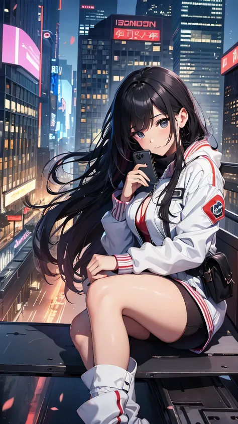 最high quality、best image quality、masterpiece、teenage girl((18-year-old、 By becoming、vest bust、medium bust,wide open breast tea、black eye, black hair、long hair、thin,highest valley、toned chest、white pilot suit、knee high boots、red jacket、Have a smartphone、Sel...