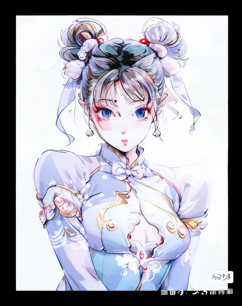 anime girl，blue eyes，white dress，bow tie, portrait of Chun Li, guweiz, Very detailed and beautiful fan art, Chun Li&#39;s portrait, Chun Li, guweiz style artwork, [ 4k digital art ]!!, Digital animation illustration, Extremely detailed Artgerm, 