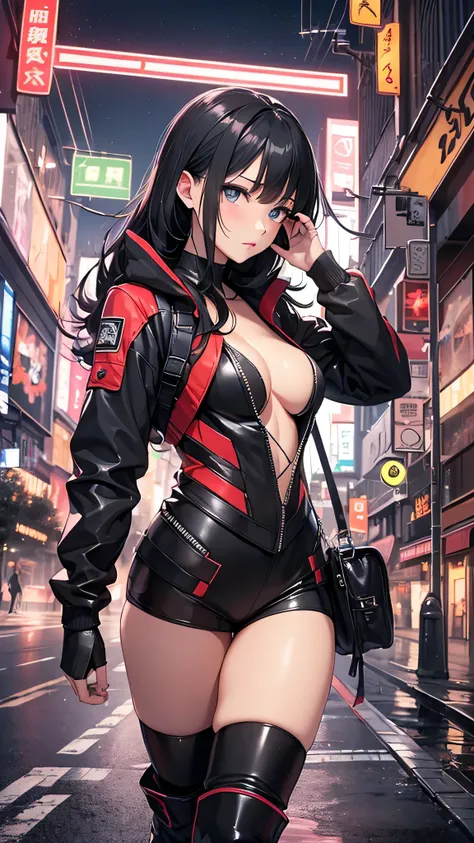 最high quality、best image quality、masterpiece、teenage girl((18-year-old、 By becoming、vest bust、medium bust,wide open breast tea、black eye, black hair、long hair、thin,highest valley、toned chest、white pilot suit、knee high boots、red jacket、Have a smartphone、Sel...