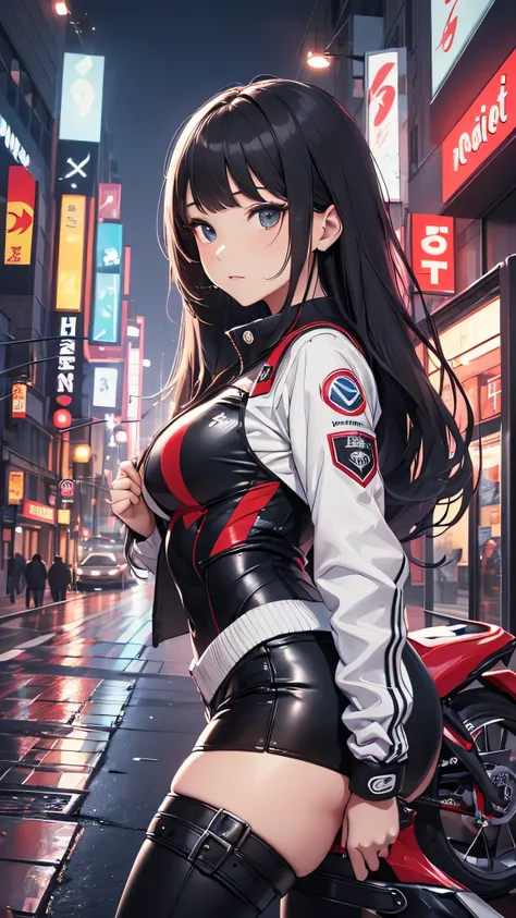 最high quality、best image quality、masterpiece、teenage girl((18-year-old、 By becoming、vest bust、medium bust,wide open breast tea、black eye, black hair、long hair、thin,highest valley、toned chest、white pilot suit、knee high boots、red jacket、Have a smartphone、Sel...