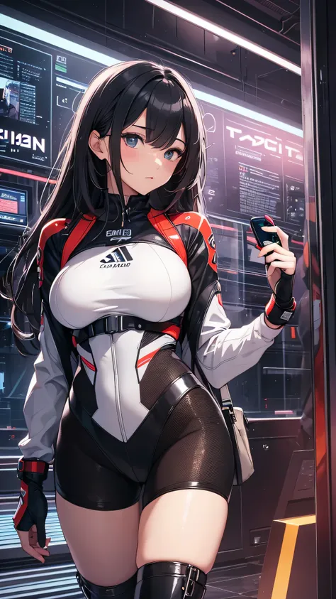 最high quality、best image quality、masterpiece、teenage girl((18-year-old、 By becoming、vest bust、medium bust,wide open breast tea、black eye, black hair、long hair、thin,highest valley、toned chest、white pilot suit、knee high boots、red jacket、Have a smartphone、Sel...