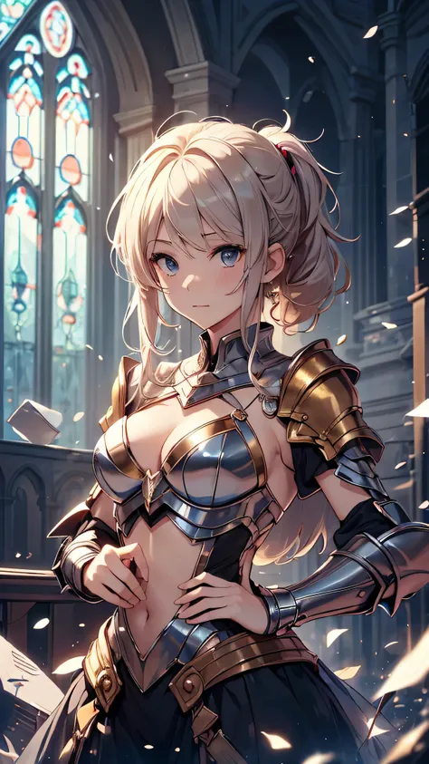 最high quality、best image quality、masterpiece、teenage girl((18-year-old、 By becoming、vest bust、medium bust,wide open breast tea、black eye, blonde、ponytail、thin,highest valley、toned chest、gold armour、silver armor short skirt、Holding a sword in his right hand...