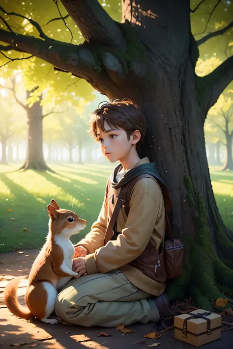 Visualize the scene of a boy named Tommy and a squirrel sitting under the majestic oak tree, their companionship growing stronger with each passing day. The atmosphere is magical, with leaves gracefully falling around them, creating a mesmerizing spectacle...