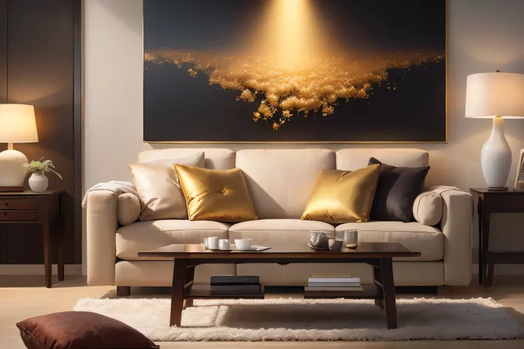 Super realistic，masterpiece，best quality，Super detailed，Ultra-high resolution original photos，8K，modern living room，(Fabric sofa)，(Fabric Pillow Stone Opaque Resin Panel，Brown and white，luxury，In charming light gold and light black，Li Shuxing，A fusion of t...