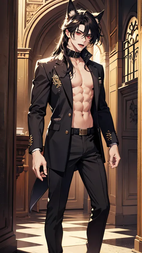 (absurdres, highres, ultra detailed), 1 male, boy, adult, handsome, tall muscular guy, broad shoulders, finely detailed eyes and detailed face, black very long hair, red eyes, handsome, fantasy, gothic, wolf ears, wolf tail, Sunlight, Fantastic light and s...