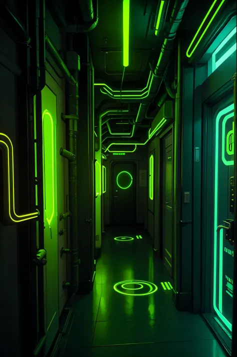 Rooms with only yellow on the right and green neon bulbs on the left, cyberpunk hallways