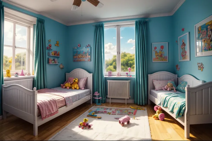 bright, (((cartoon style))), inside of a childrens room with toys and soft toys, bed, window, cute room, no human, illustration for children, fantasy art, masterpiece, sunny day in the background, detailed, intricate, 4k, art