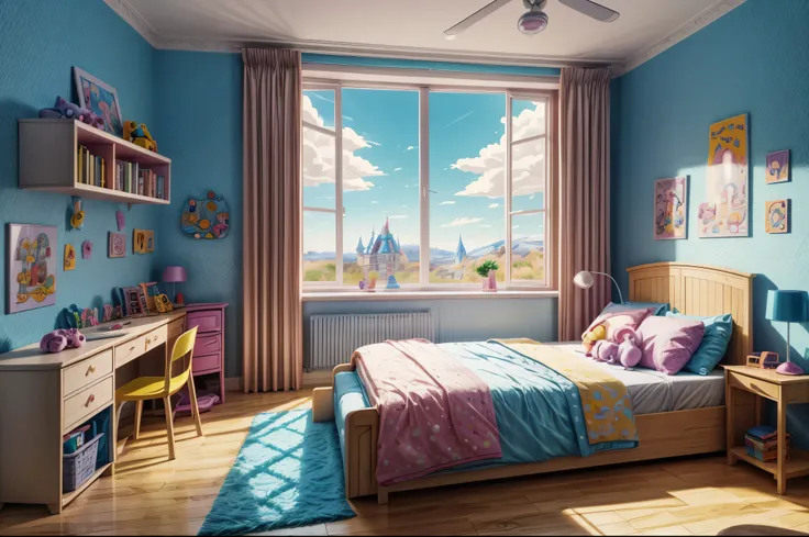 bright, (((cartoon style))), inside a children&#39;s room with toys and stuffed animals, bed, window, Nice room, no human, illustration for children, fantasy art, masterpiece, sunny day in the background, detailed, difficult, 4K, art