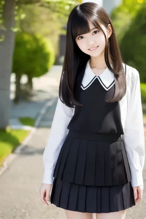 Incomparable masterpiece, perfect artwork, ((pretty Japanese girl)), young, age: 14, ((natural beauty)), long black hair with subtle waves:1.3, ((school uniform:1.2)), white blouse and plaid skirt, ((smiling face:1.1)), innocent and carefree expression, be...