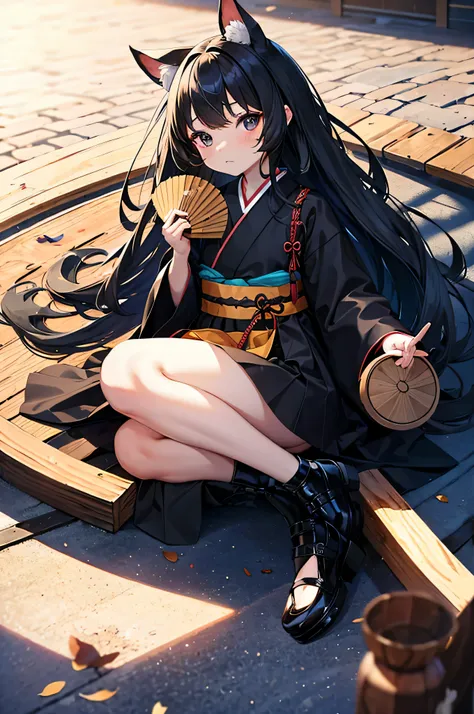 pretty girl, (Little:1.3), girl, full body, in love, embarrassed, Black long hair, (half bundle), Black eyes, (holding a wooden fan), black hanbok, face, Puppy ears, left sunbeam, rubber shoes