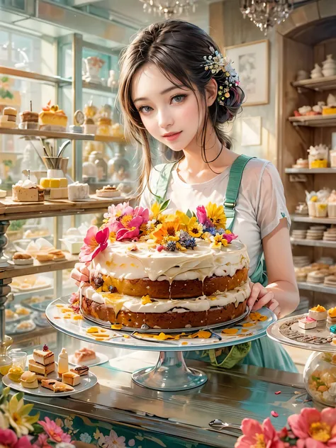 Creative and endearing image，Think of your dream girlfriend as your dream lover and lifelong partner，((She is a simple and hard-working cake shop girl，She is holding cake，Smile warm and welcoming，Embodying the role of a warm and generous saleswoman))。This ...