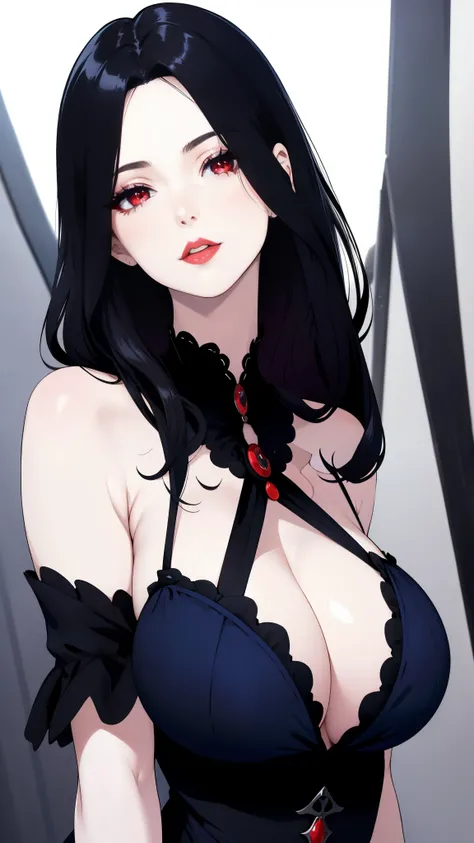 a milf gothic woman, solo, upper body,, beautiful Red eyes, black hair, pale skin, blue dress, natural perfect breast, cleavage,