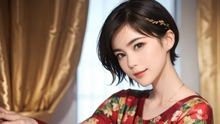 148
(20 year old woman,floral print outfit), (Super realistic), (high resolution), ((beautiful hairstyle 46)), ((short hair:1.46)), (gentle smile), (brest:1.1), (lipstick)
