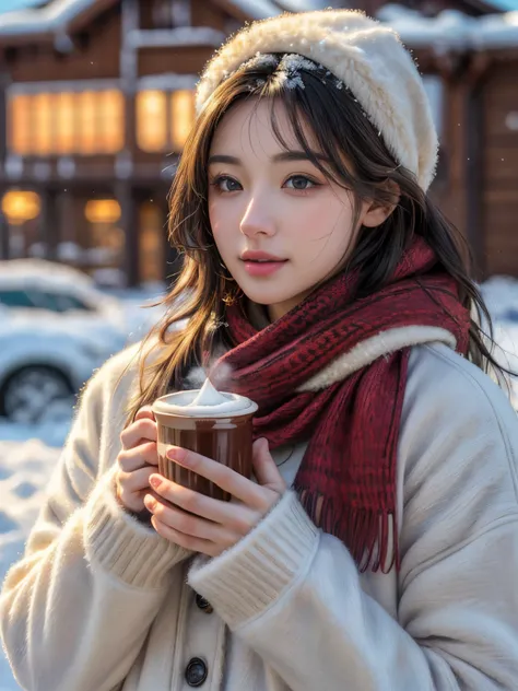 (best quality,4k,8k,highres,masterpiece:1.2),ultra-detailed,(realistic,photorealistic,photo-realistic:1.37),cozy attire,cold snowy background,grey eyes,black hair,shy,holding hot chocolate,looking away,distant,red scarf