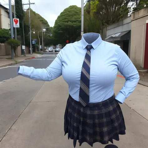 school uniform on hanger, plaid skirt, stripe tie, long sleeve, cute big breasts, (invisible, no human, headless, handless:1.5), chubby,cute pose