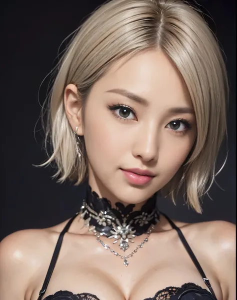 (Just the right kind of 18-year-old Japanese kuro Gyaru for friendship), (breast cleavage:1.5), (off-shoulder:1.5), (black theme:1.4), (black rubber long glove:1.4), (earrings with blue diamond:1.2), RAW photo, photorealistic:1.6, Quality:1.5, 8k, Masterpi...