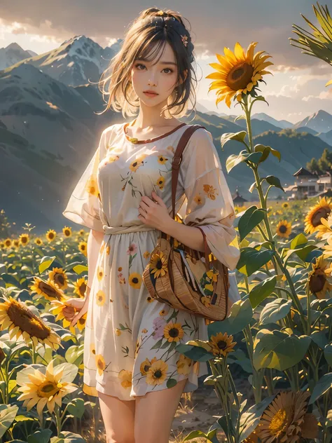 A beauty、sweet、善良的中国乡村girl，Long black hair and warm brown skin，Wearing a simple red dress，Very nice eyes and face，strawberry mouth，big watery eyes，long eyelashes，Beautiful teeth，Long legs，Perfect slender figure，Standing in a sunflower field at sunset，golde...