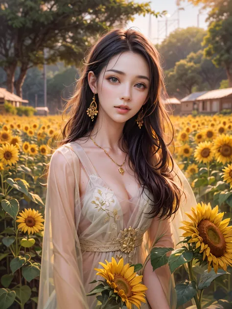 A beauty、sweet、kind chinese country girl，Long black hair and warm brown skin，Wearing a simple red dress，Very nice eyes and face，strawberry mouth，big watery eyes，long eyelashes，Beautiful teeth，Long legs，Perfect slender figure，Standing in a sunflower field a...