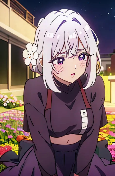 realistic, 1girl, white hair, purple eyes, glowing eyes, crop top, skirt, parted lips, blush, night, flowers, sun, sunlight,