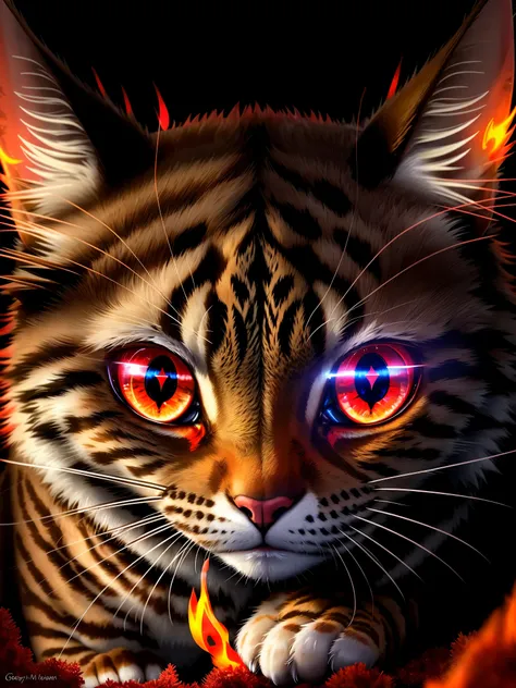 a close up of a cat with glowing eyes and red flames, demon cat, with red glowing eyes, with glowing red eyes, red glowing eyes, glowing red eyes, cat - like scarlet eyes, red eyes glowing, fully red eyes, sharp red eyes, red fire eyes, glowing fiery red e...