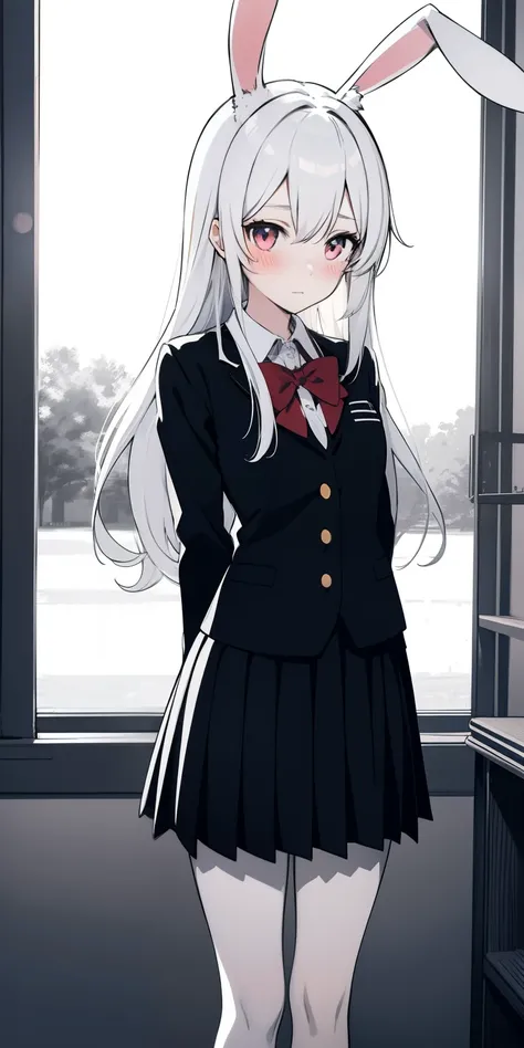 Anime girl with white hair and rabbit ears, ruby eyes, Shy blush, school uniform, high contrast, soft light