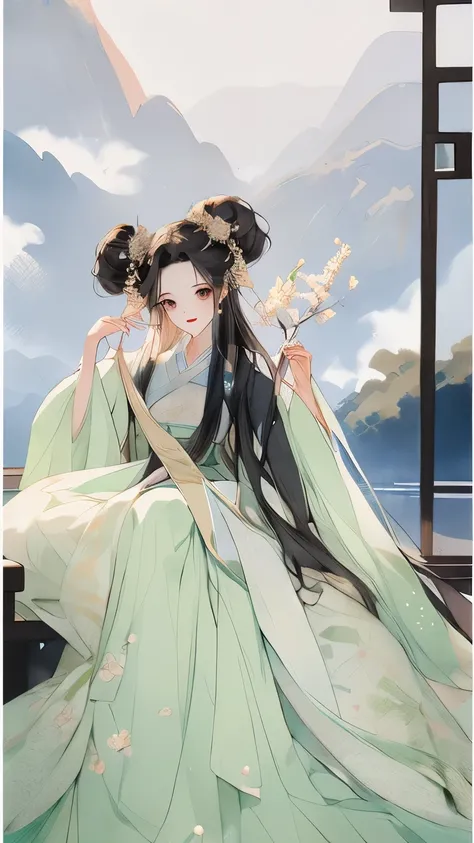 A picture wearing a light dress、Painting of woman holding musical instrument, Sitting under the pear tree，Hanfu，hanfu, Chinese style, palace ，穿Hanfu的女孩,, Beautiful rendering of the Tang Dynasty, Chinese beautiful woman, wearing chinese clothes, 复杂华丽的Long s...