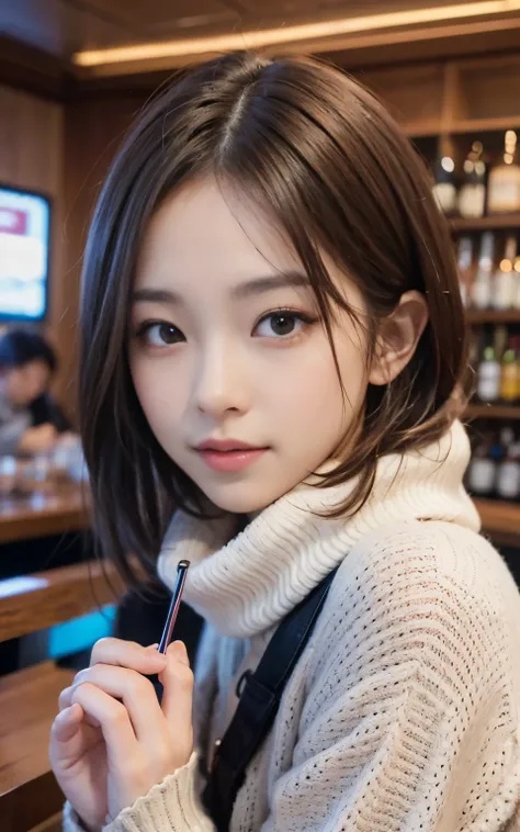 cute 21 year old japanese、drink beer at the bar、nice bar、super detail face、pay attention to details、double eyelid、beautiful thin nose、sharp focus:1.2、Beautiful woman:1.4、(light brown hair,short hair、),pure white skin、highest quality、masterpiece、ultra high ...