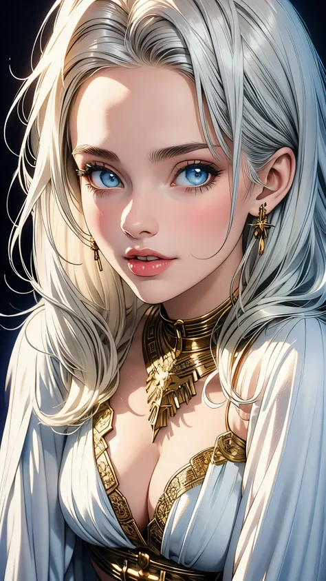 Beautiful woman, white hair, blue eyes, natural perfect breast, ((cleavage)), highly detailed, (fantasy background),, vintage, dark fantasy,, closeup portrait,,