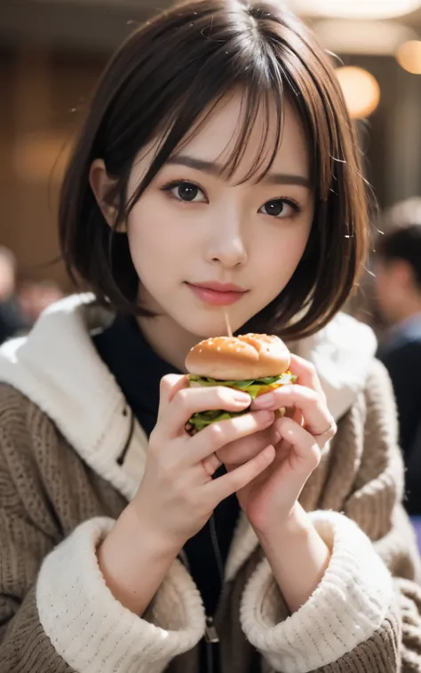 cute 21 year old japanese、Beautiful woman eating a hamburger at fast food、hamburger 4、super detail face、pay attention to details、double eyelid、beautiful thin nose、sharp focus:1.2、Beautiful woman:1.4、(light brown hair,short hair、),pure white skin、highest qu...