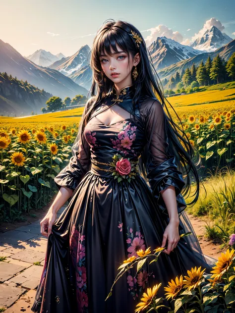 A beauty、sweet、Kind chinese village girl watercolor painting，Long black hair and warm brown skin，Wearing a simple red dress，Very nice eyes and face，big watery eyes，long eyelashes，Beautiful teeth，Long legs，Perfect slender figure，Standing in a sunflower fiel...