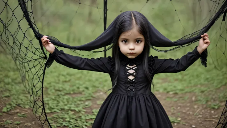 Child girl in gothic net symbolic clothes, 。.com (Arame farpado do corpo) cabelo de cor morena，Extremidades dos cabelos grisalhos