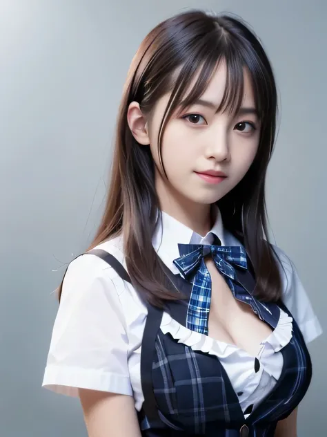 ((cleavage is visible,(chest wide open))),standing straight,1 nogizaka girl, utterly cute, bishojo, 17yo, (white school uniform short sleeves), (blue plaid pleated skirt), an exquisitely detailed and beautiful face and eyes and skin, detailed black shine h...